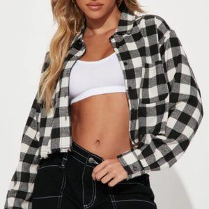 Fashion nova Push Your Buttons Cropped Plaid Top - Black/White